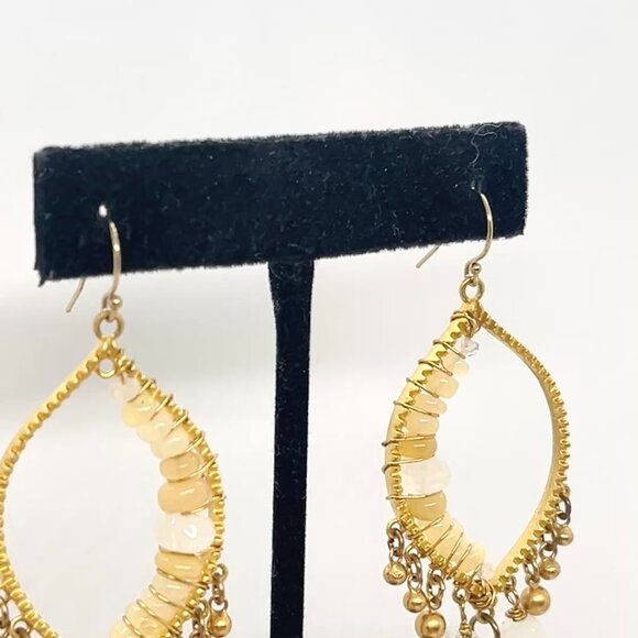 GOLD TONE BEADED CHANDELIER DANGLE EARRINGS BOHO FAUX MOONSTONE YELLOW STONE - Picture 7 of 16